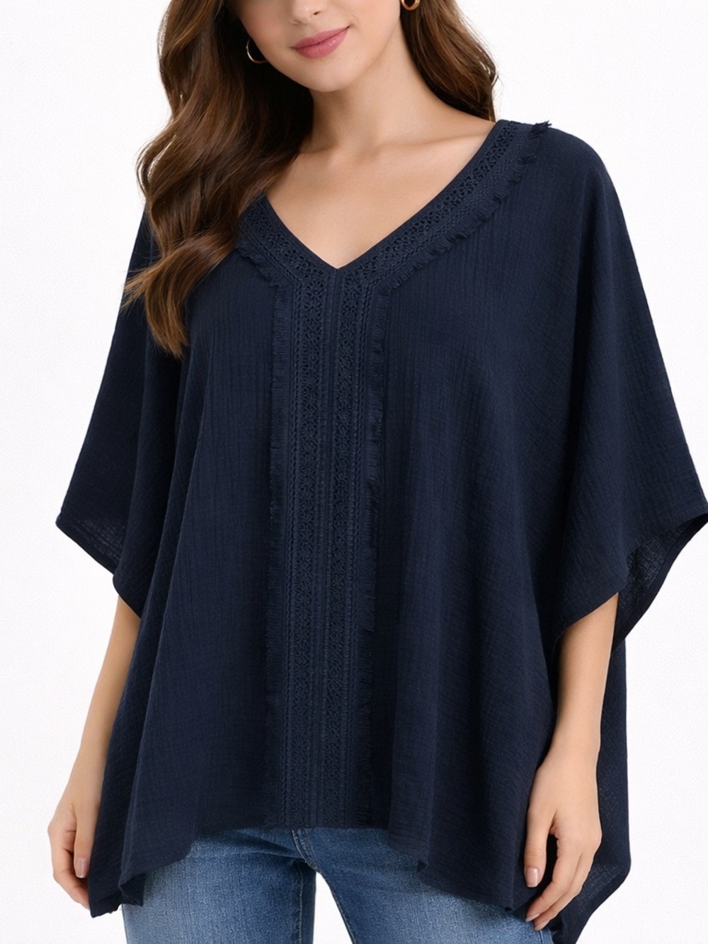 JM Collection Navy V-Neck Crochet Detail Boho Poncho Tank Top Size M - Picture 1 of 6